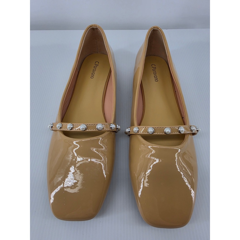 C.Paravano Tan Patent Leather Pearl Studded Square Toe Mary Jane Flats Size 41.5